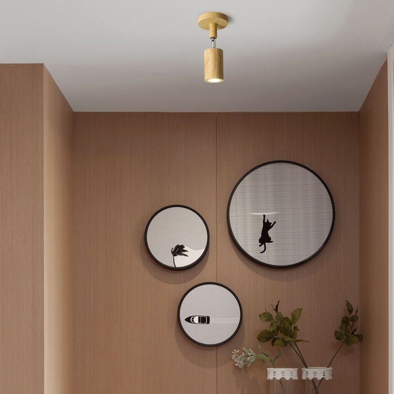 Modern Wood Flush Mount Cylinder Shape Ceiling Light with Glass Shade for Living Room