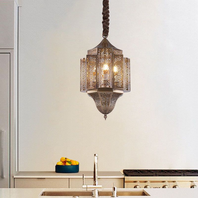 Brass Lantern Suspension Lamp Arab Metal 3-Bulb Restaurant Chandelier Pendant Light