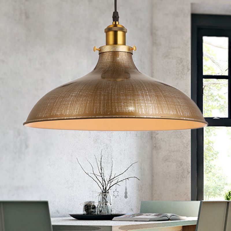 1 Light Pendant Ceiling Light Antique Style Bowl Iron Hanging Lamp with Adjustable Cord in Brass/Aged Silver