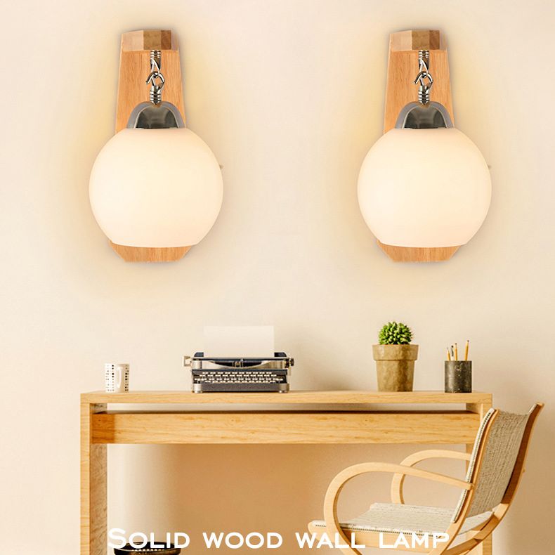Luz de pared de globo de vidrio de leche con lámpara de pared contemporánea de bombilla de madera en blanco para dormitorio