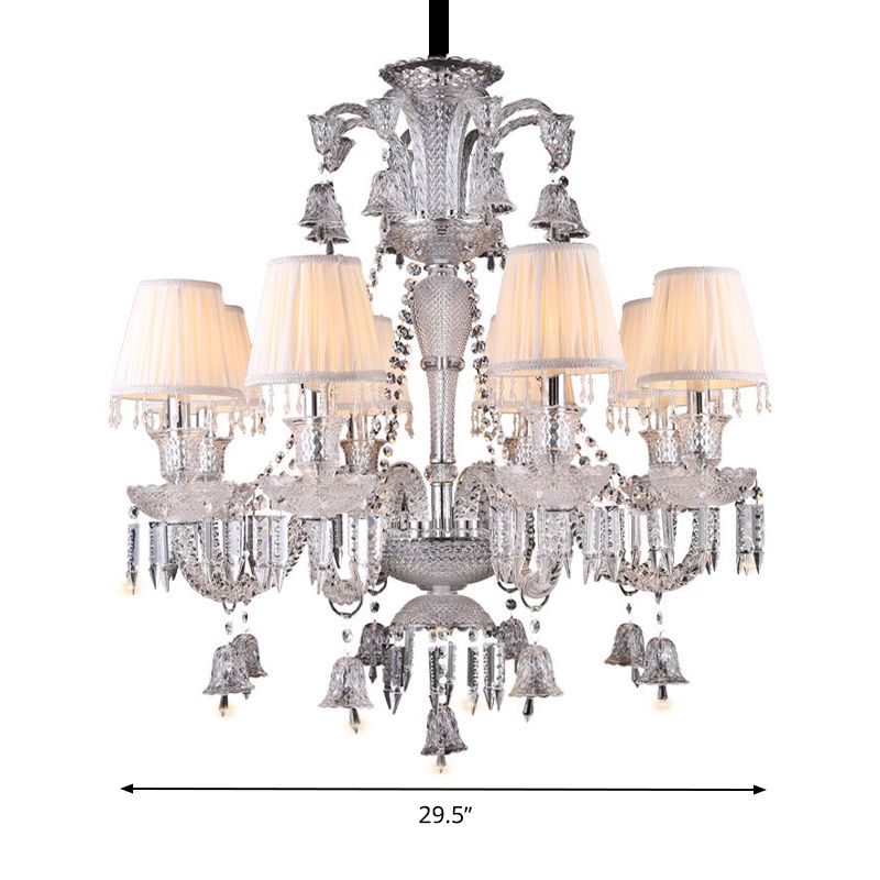 Beige Tapered Chandelier Pendant Light Modernism 8 Heads Crystal Hanging Lamp with Fabric Shade