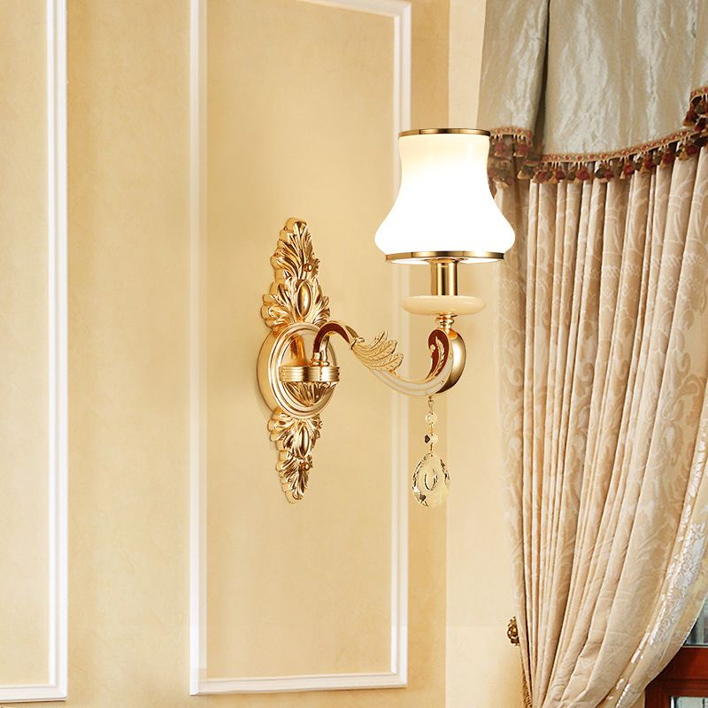 Flared Sconce Lamp Retro Style Gold Milk Glass Wall Mount Light with Crystal Droplet
