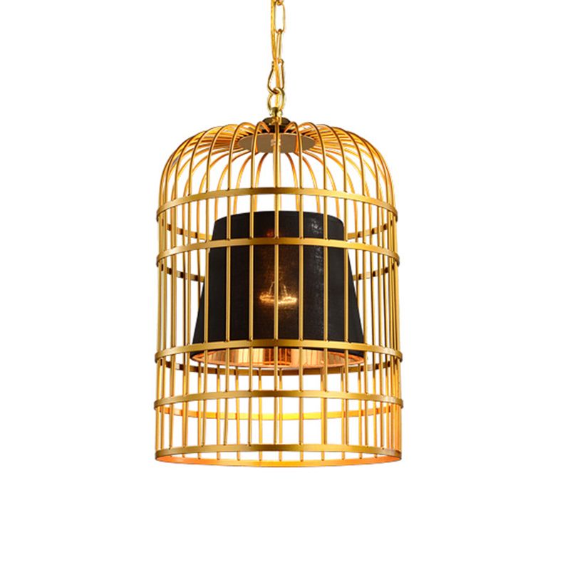 Golden Birdcage Design Metal Suspension Light Fabric Shade Creative Lighting Fixture with 35.5" Adjustable Hanging Chains