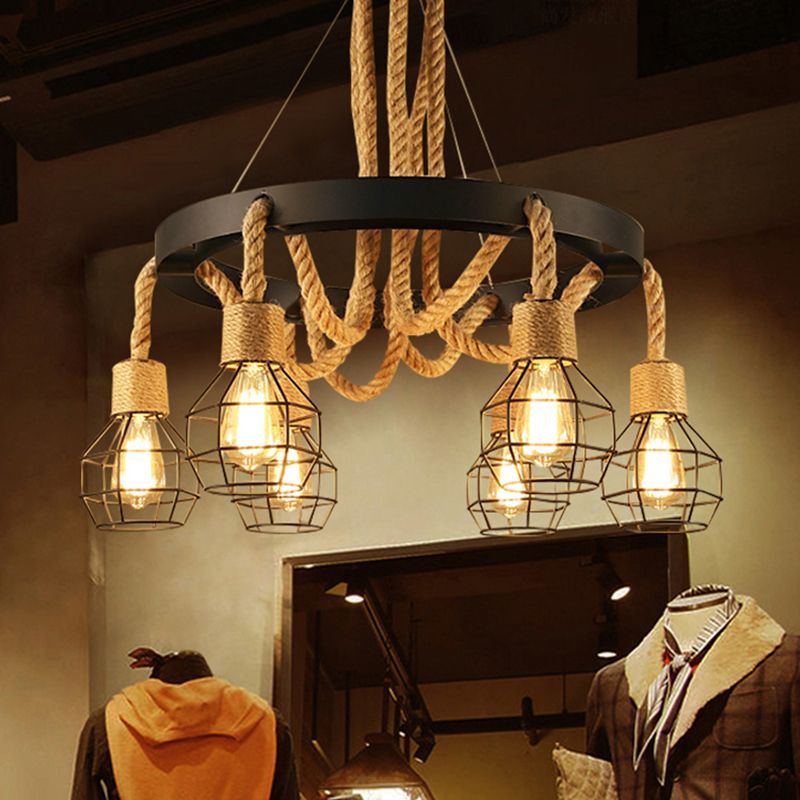 Candelier de alambre de metal Luz de colgante Estilo rústico Beige Rope Hanging Chandelier Light