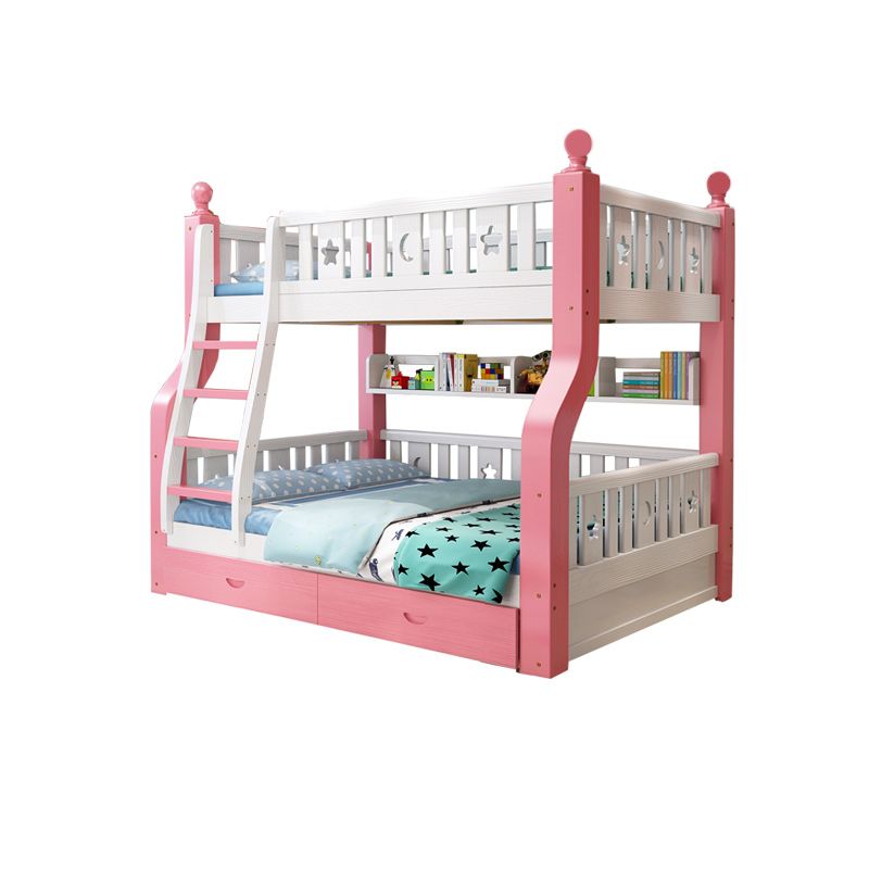 Nordic Solid Wood Standard Bunk Bed in White and Pink with Storage