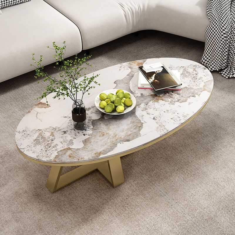 Metal Cross Legs Cocktail Table Luxurious Oval Stone Top Coffee Table