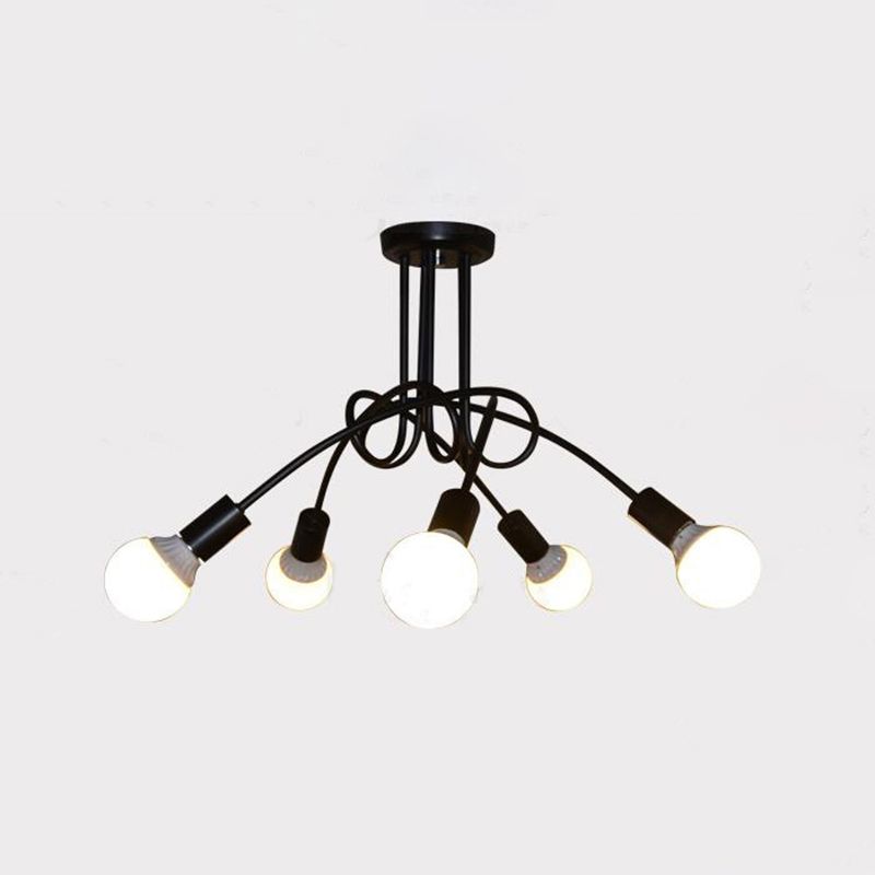 Industrial Vintage Sputnik Semi Flush Mount Lacquered Iron Ceiling Fixture in Black