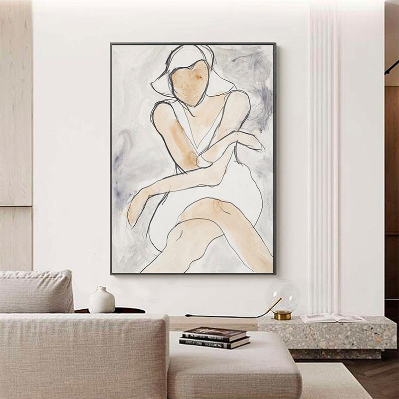 White Line Sketch Woman Art Print Textured Minimalistic House Interior Wall Decor