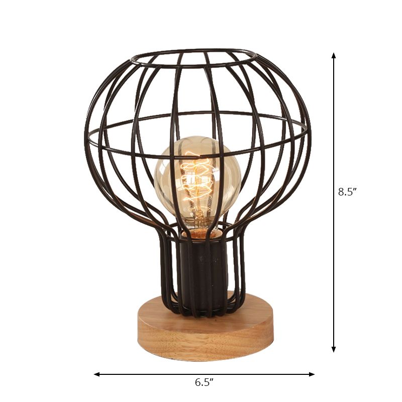 1 lampe de table de bulbe industrielle élégante poire / barillet ombre en métal et lampe à tâche en bois avec garde de fil en noir pour chambre à coucher