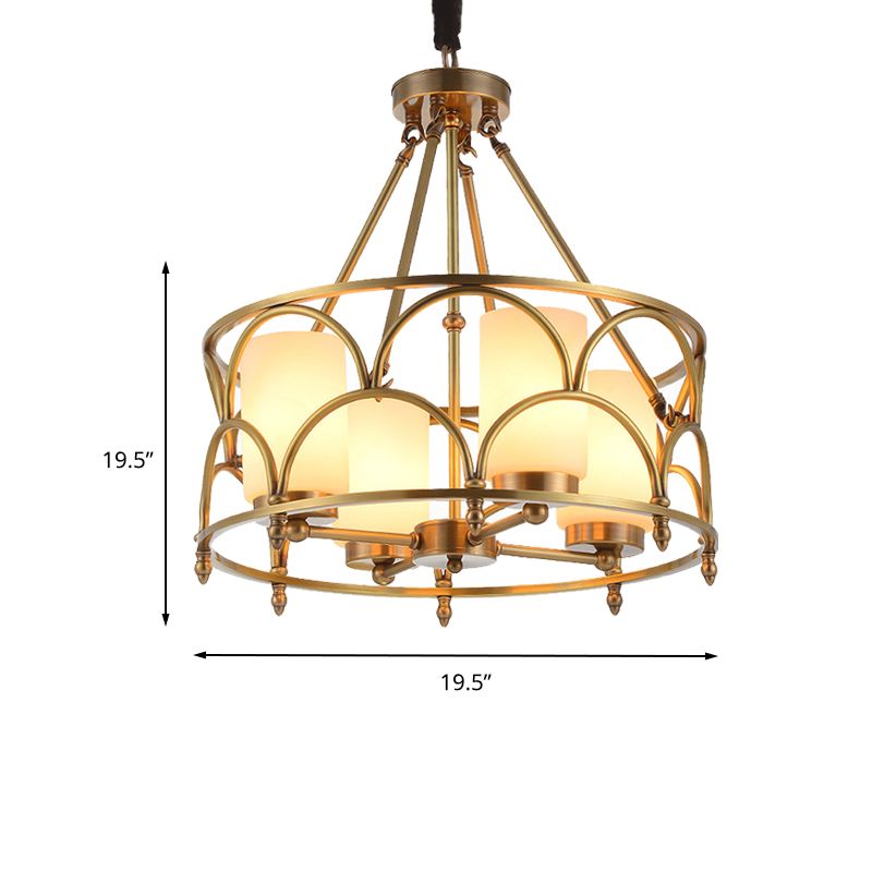 Cylinder Chandelier Modern Metal 4/8 Bulbs Hanging Ceiling Light in Brass with Frosted Glass Shade