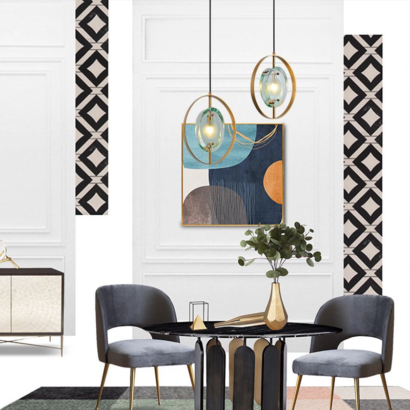 Gold Oval Frame Pendant Ceiling Light Contemporary 1 Head Metal Hanging Light Fixture with Clear Crystal Shade