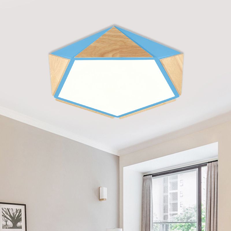 Flat Pentagon Ceiling Mount Light Macaron Stylish Wood LED Flush Light for Kids Bedroom