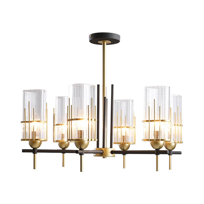 6-Head Black and Gold Chandelier Pendant Contemporary Triangular Prism Clear Glass Suspension Lamp