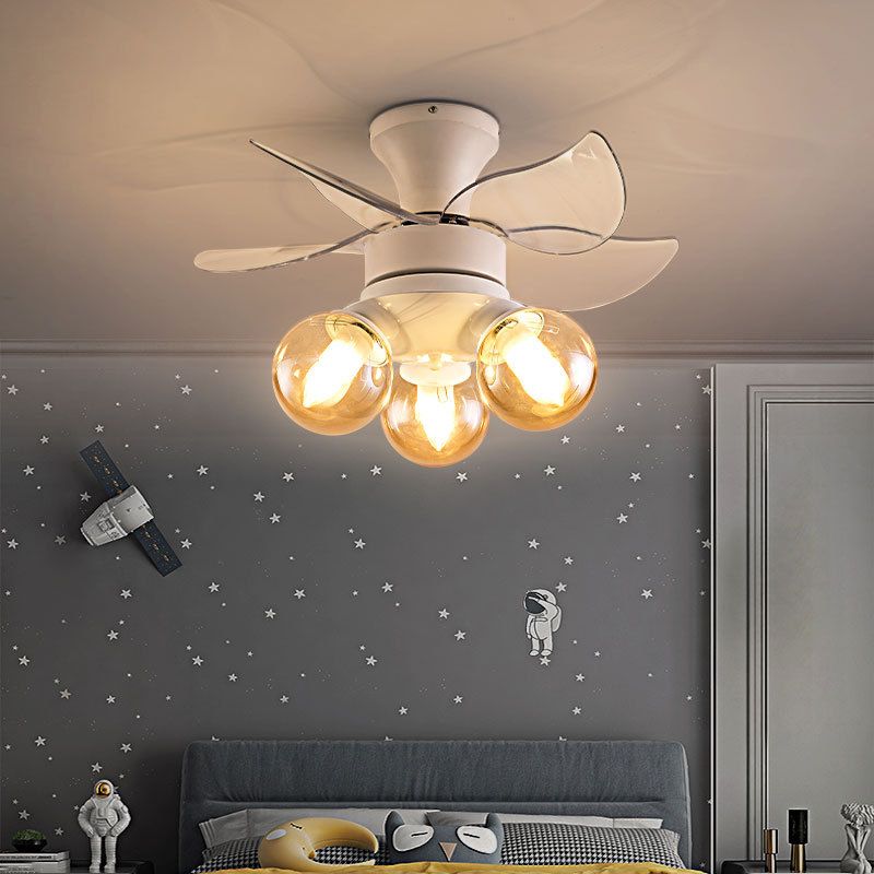 Amber Glass Ball Fan Light Fixture Children Style 3 Bulbs White Semi Flush Ceiling Light