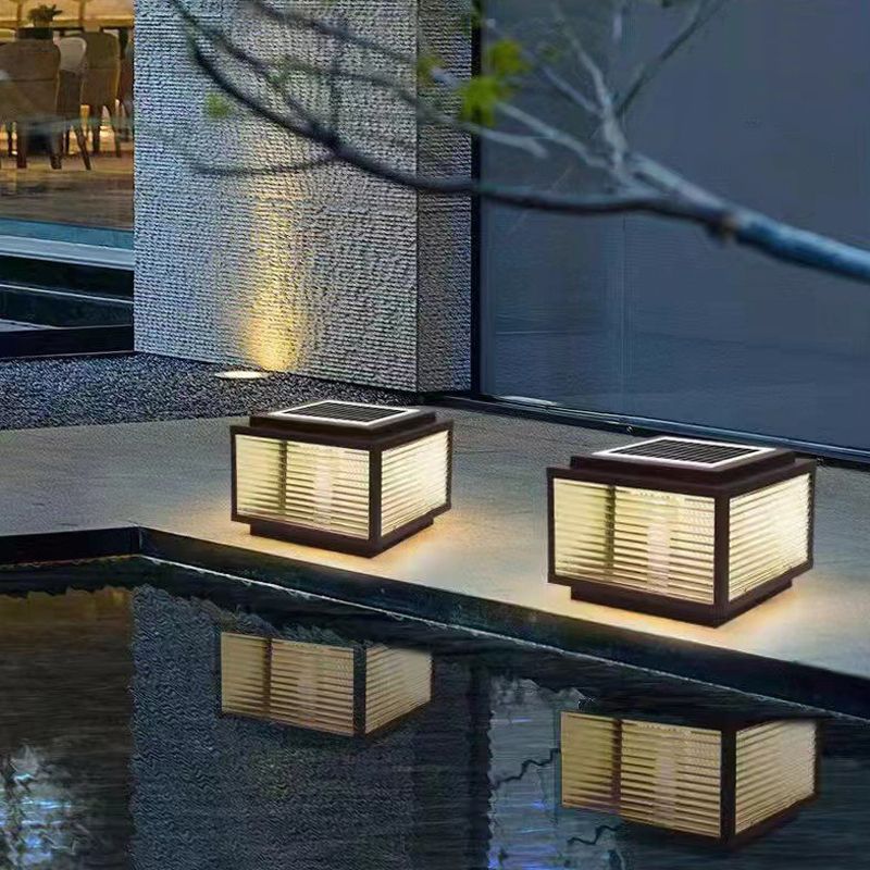 Metal Square Shape Pillar Lamp Modern Style 1 Light Waterproof Outdoor Light in Black