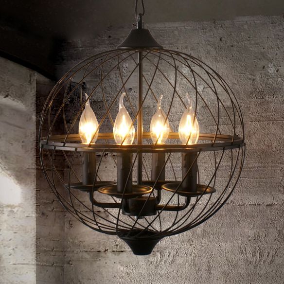 Iron Black Chandelier Lighting Global Mesh Shade 4 Bulbs Industrial Ceiling Light Fixture with Adjustable Chain for Dining Room