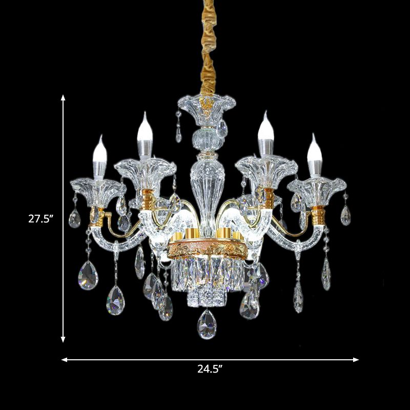 Duidelijke Crystal Gold Suspension Lamp Candlestick 6 Heads Traditionele kroonluchter verlichting voor Hall