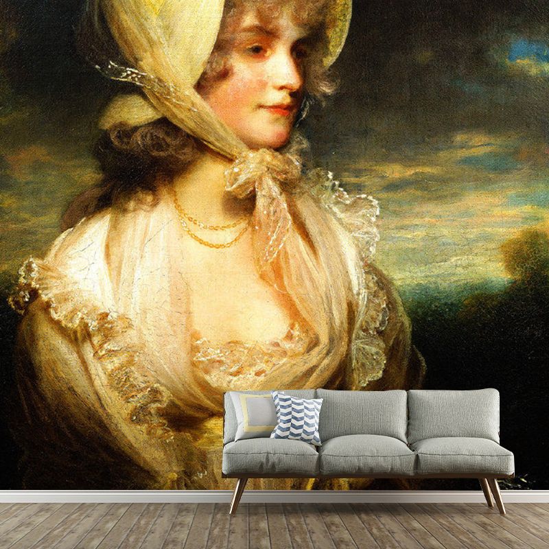 Full Elegant Lady Wall Art in Beige and Yellow Non-Woven Mural Wallpaper for Bedroom, Custom-Made