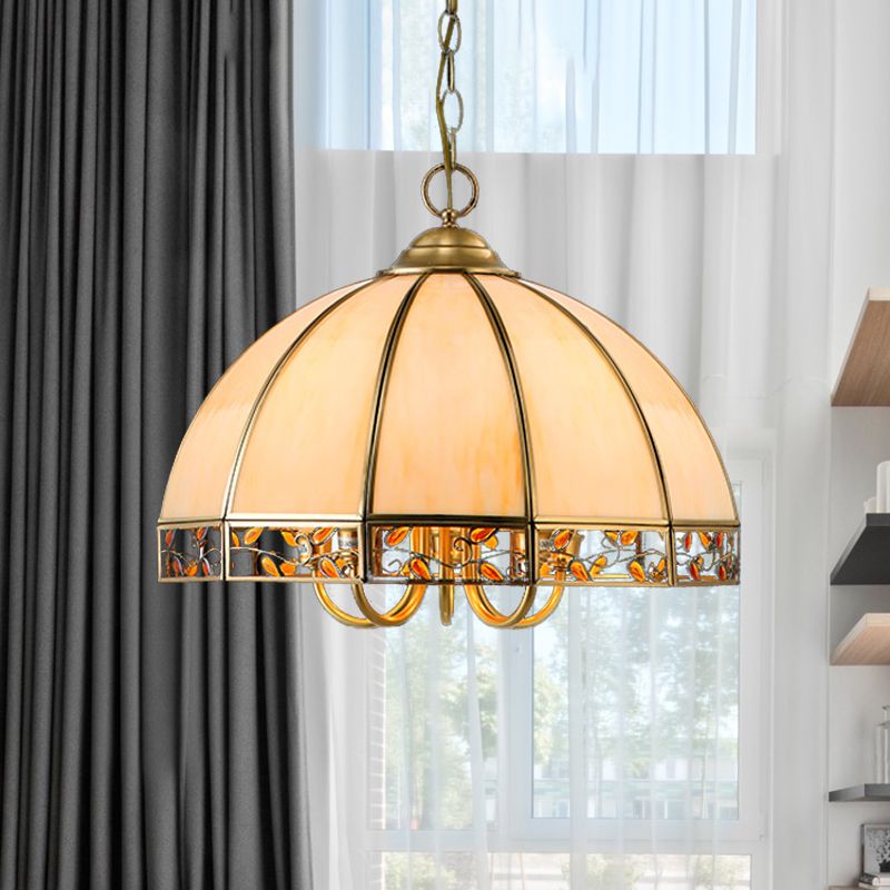 Funzione dell'illuminazione del lampadario a cupola coloniale 5 teste 5 teste a sospensione in vetro luce in oro per sala da pranzo