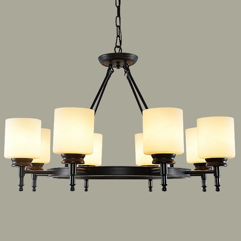 Retro Cylinder Shaped Chandelier Light Opal Glass Pendant Light Fixture for Living Room