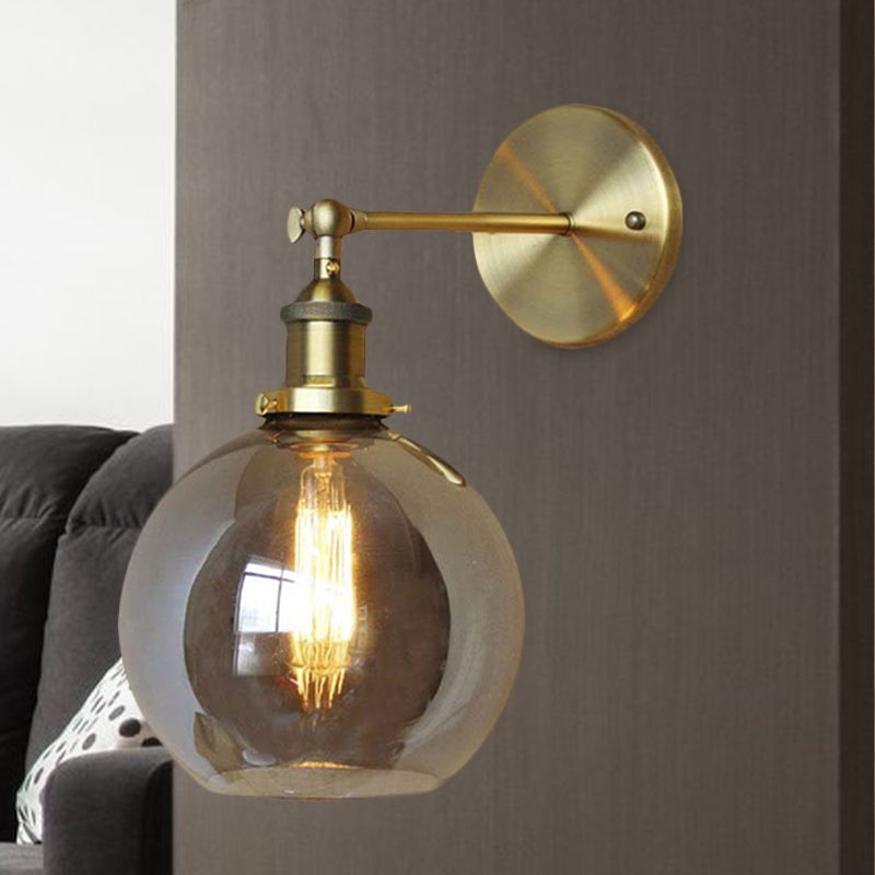 1 Light Bubble Shade Sconce Light Vintage Brass Smoked Glass Wall Lamp for Coffee Shop