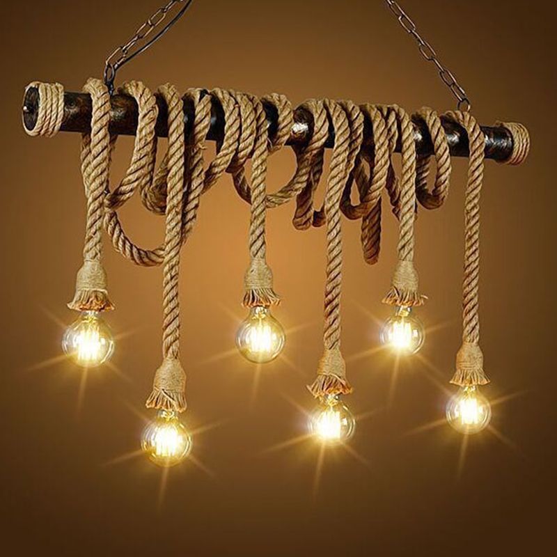Vintage Multi Lights Island Lighting Fixtures Linear Rope Hanging Ceiling Light in Brown
