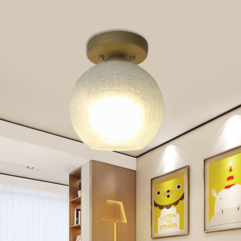 Globe Foyer Flush Mount Lighting White Crackled Glass Single Minimalist Ceiling Fixture