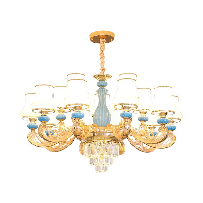 Bud Shade Bedroom Chandelier Lighting Classic Cream Glass Blue Pendant Light with Tiered Crystal Accent