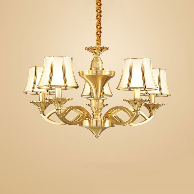 Taper Shaped Patterned Glass Chandelier Lighting Classic Living Room Pendant Light in Gold