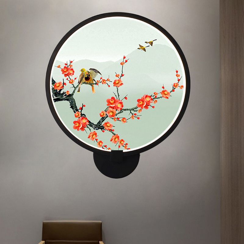 Circular Natural View Wall Lamp Chinese Metal LED Black Wall Mural Light for Bedroom