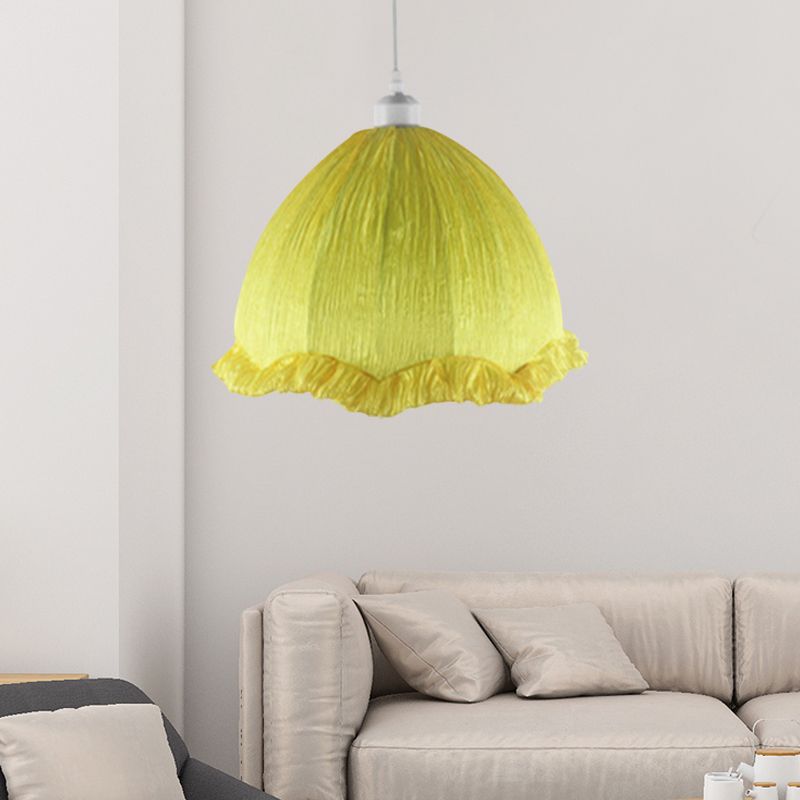 Dome Bedside Down Lighting Pendant Fabric 1 ampoule 12 "/ 16" de large lampe suspendue moderne avec garniture festonnée en jaune
