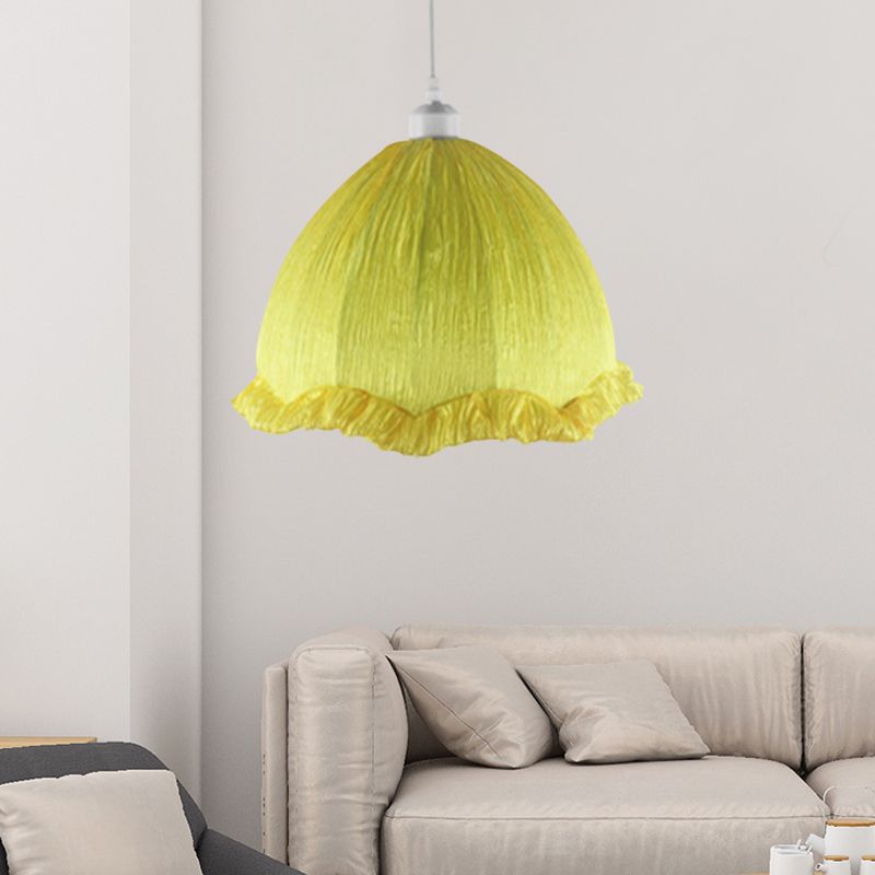 Dome Bedside Down Lighting Pendant Fabric 1 Bulb 12"/16" Wide Modern Hanging Lamp with Scalloped Trim in Yellow