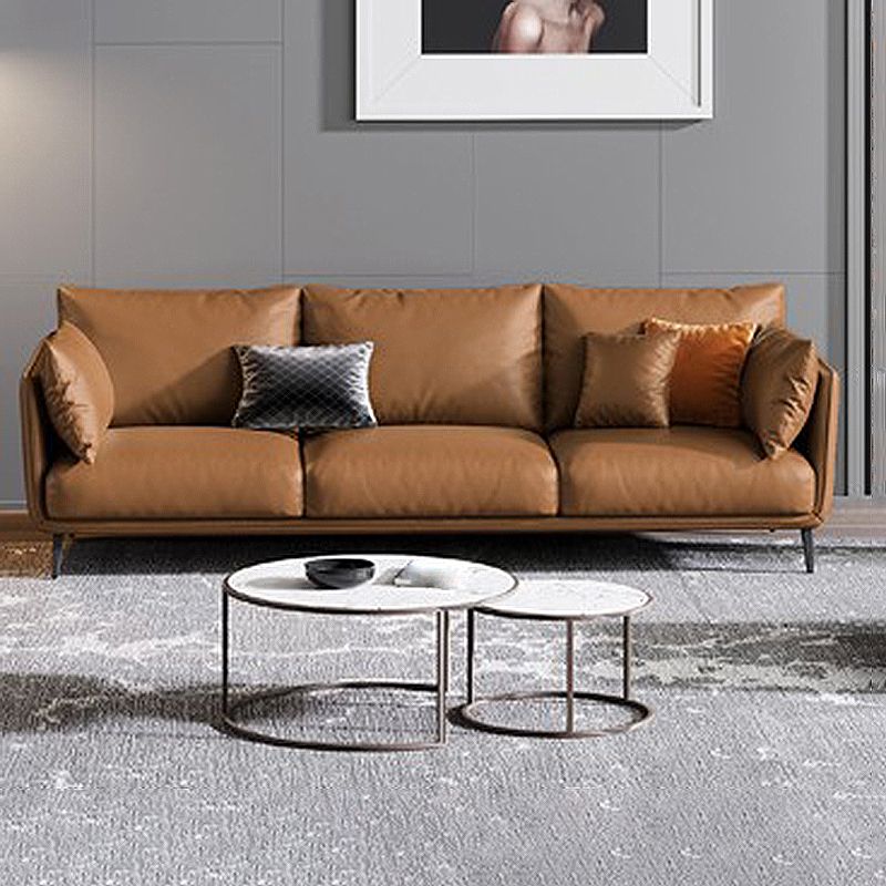 Living Room Genuine Leather Couch Square Arm Sofa with Pillow Back