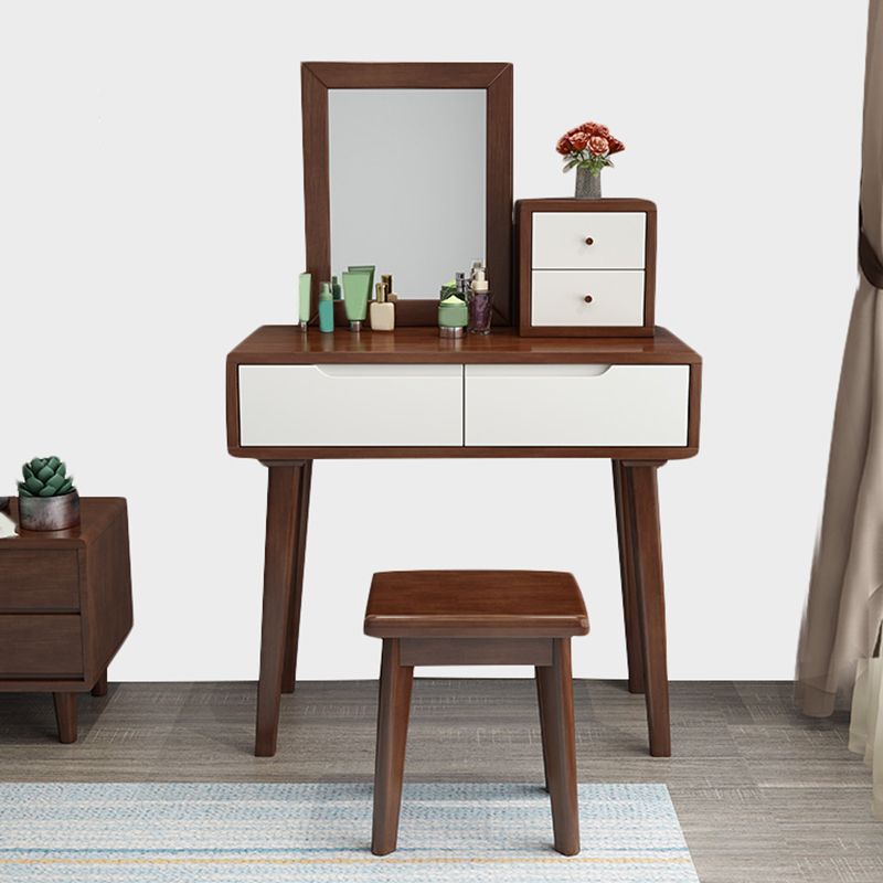 Nordic 4 Drawers Makeup Vanity Mirrored Wood Dressing Table Stool Set