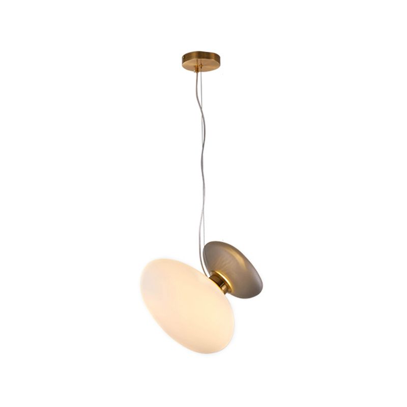 2 Bulbs Dining Room Pendant Light Post-Modern Brass Suspension Lighting with Pebble Light-Blue/Cream Glass Shade