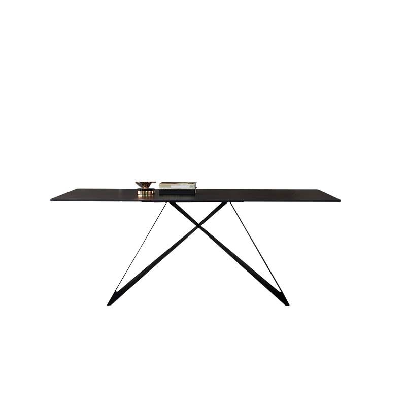 Black Industrial Rectangle Dining Table Stone Top Table with Metal Base