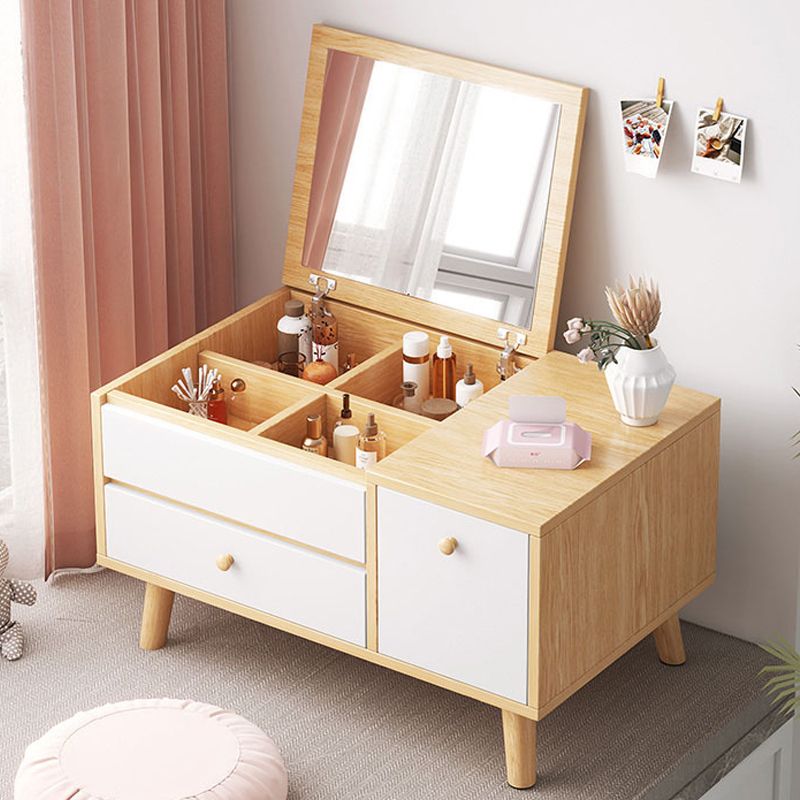 Contemporary Natural Bedroom Solid Wood Mirror With Drawer Makeup Vanity Set