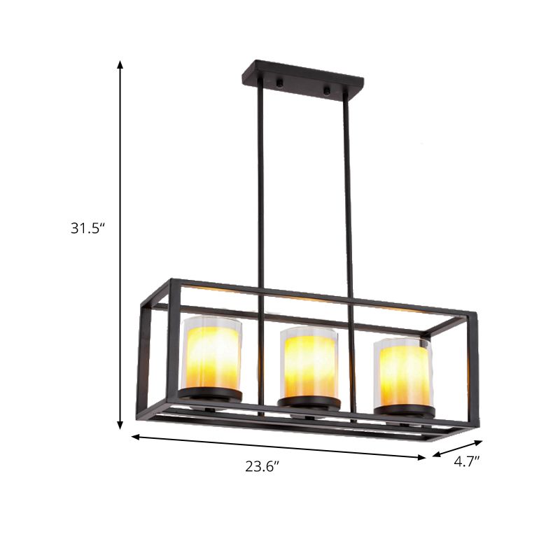 Cylinder Dining Room Pendant Light Vintage Glass 3/5/6 Lights Island Lighting with Black Frame