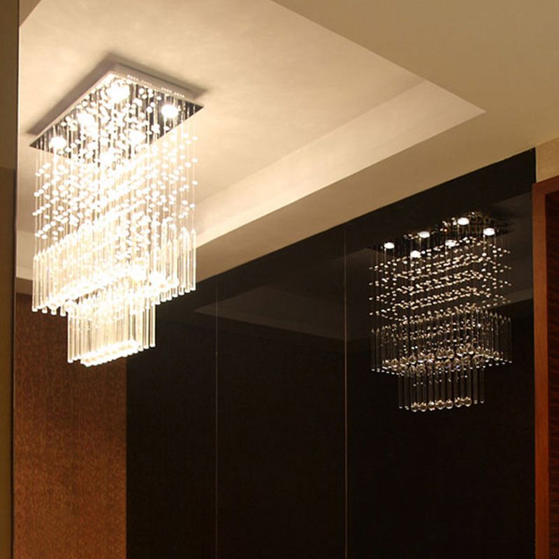 Clear Crystal Cascade Flush Light Simple 6 Lights Nickel Close to Ceiling Lighting Fixture for Restaurant