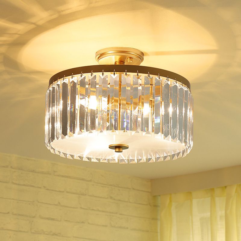 Crystal Drum Flush Mount Simplicity 3 Lights Dining Room Ceiling Lamp in Gold/Silver/Black
