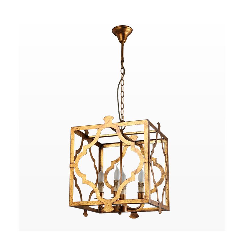 4-Light Chandelier Light Antique Restaurant Suspension Pendant with Quatrefoil Metal Cage in Gold