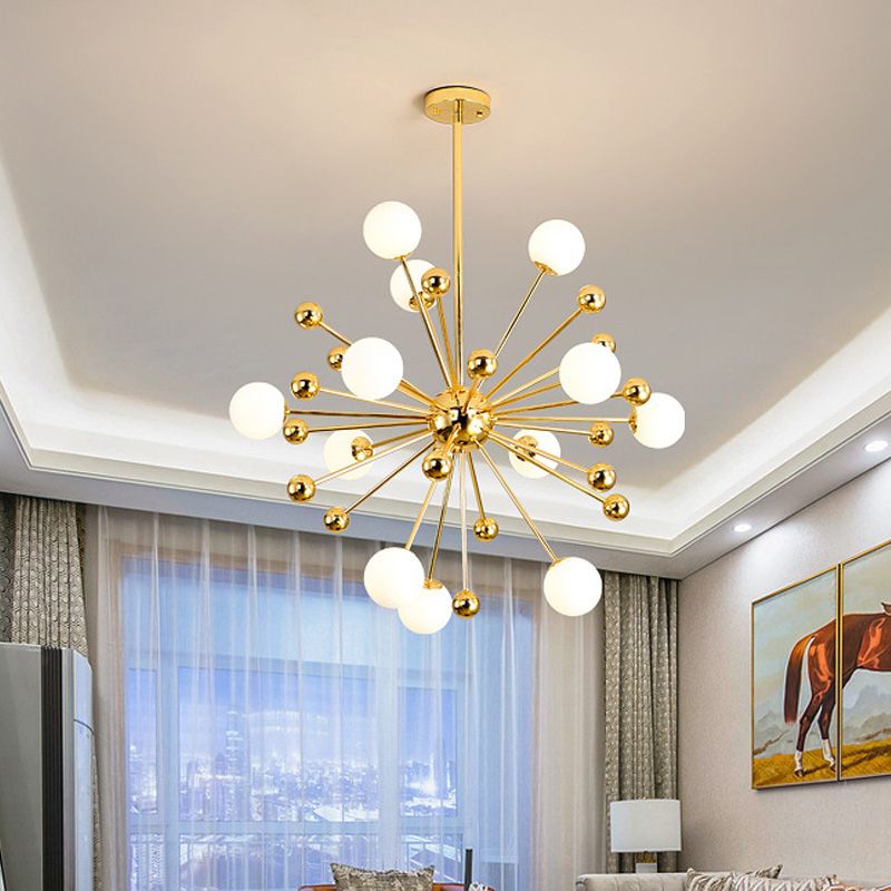 Designer Starburst Metal Chandelier Multi Lights Gold Ceiling Pendant Lamp with White Glass Ball Shade, 23.5"/31.5"/39" Wide