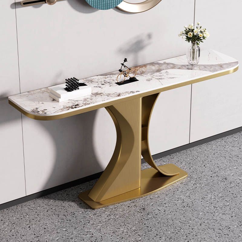Modern Half Moon Console Table Stone Sofa Table in Gold/Grey