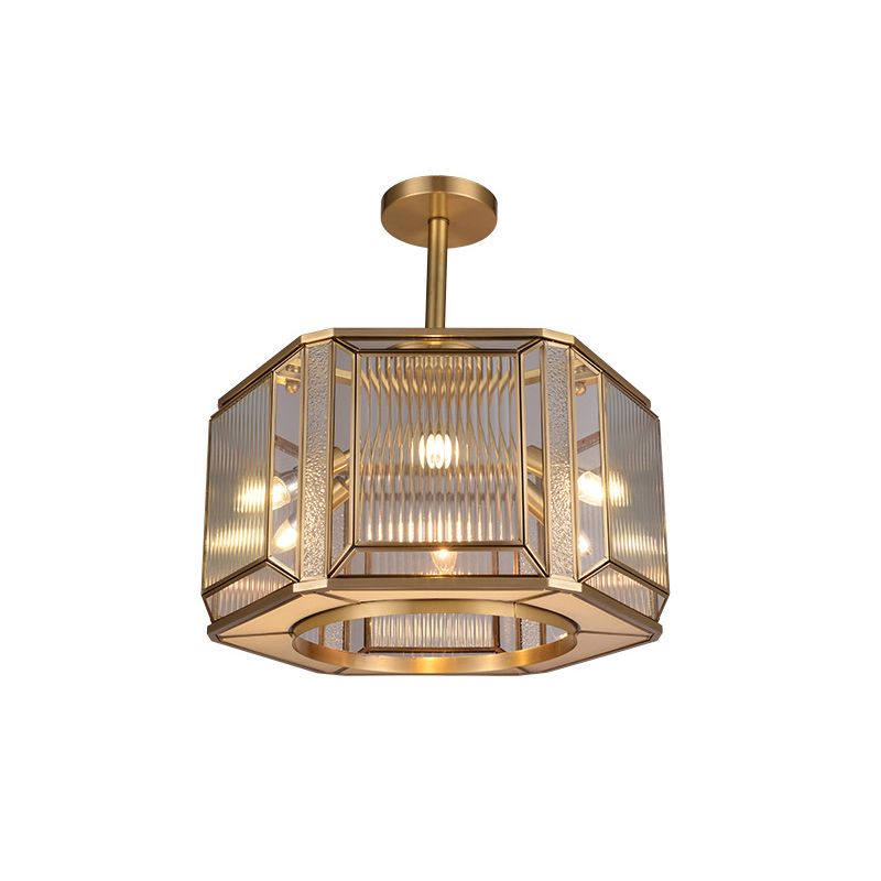 6-Head Hexagon Semi Mount Lighting Colonialism Gold Clear Prismatic Glass Flush Light