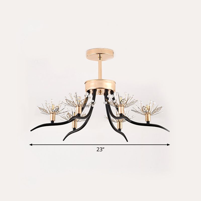 Chinese Redbud Ceiling Mounted Light Modern Style Faceted Crystal 6-Bulb Black Semi Flush Chandelier