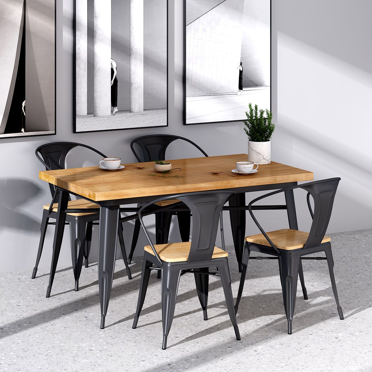 Industrial Style Solid Wood Dining Set with Fixed Table and 4 Legs Base for Home Use