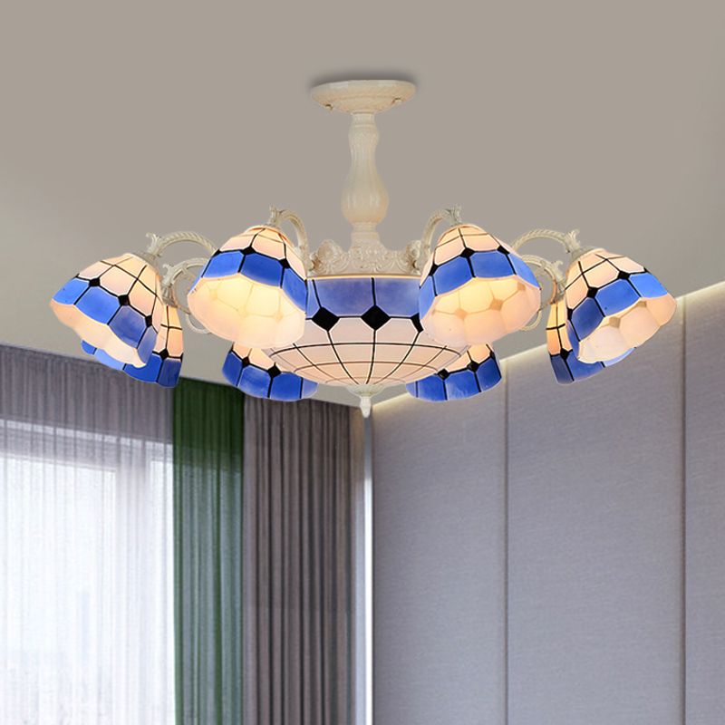 9/14 Lights Semi Flush Light Fixture Tiffany-Style Grid Patterned Blue Cut Glass Ceiling Lamp for Living Room