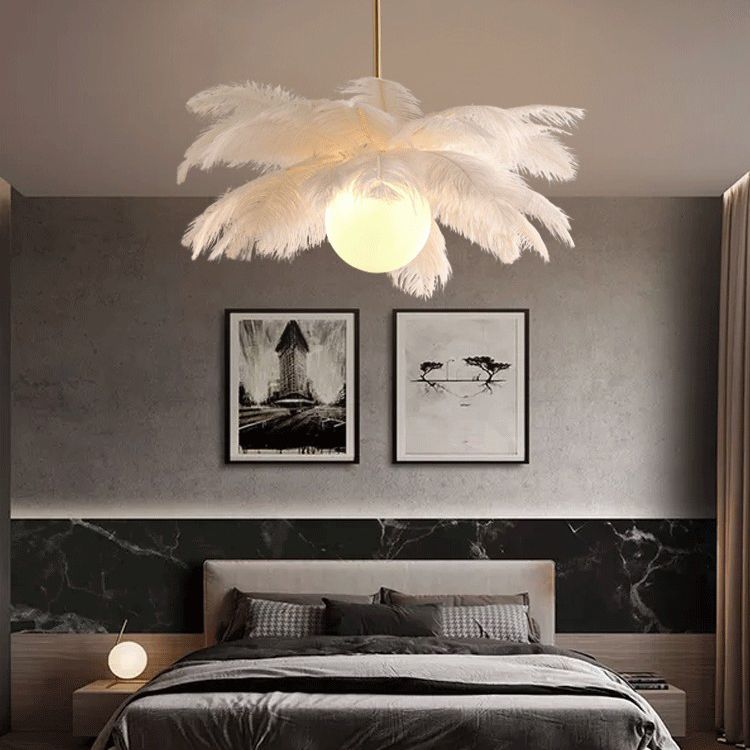 Ostrich Feather Ceiling Chandelier Modern Nordic Creative White Hanging Ceiling Light for Bedroom