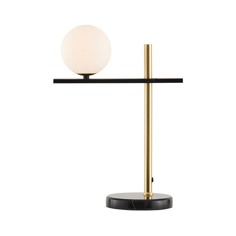 Lampada da comodino a sfera in vetro bianco Illuminazione moderna Lampada da notte in metallo nero e oro per soggiorno