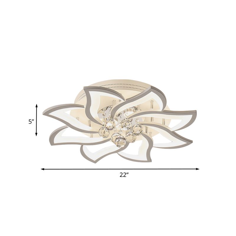Floral Shaped Bedroom Semi Flush Lamp Acrylic LED Modern Flush Mounted Light with Crystal Orb Deco